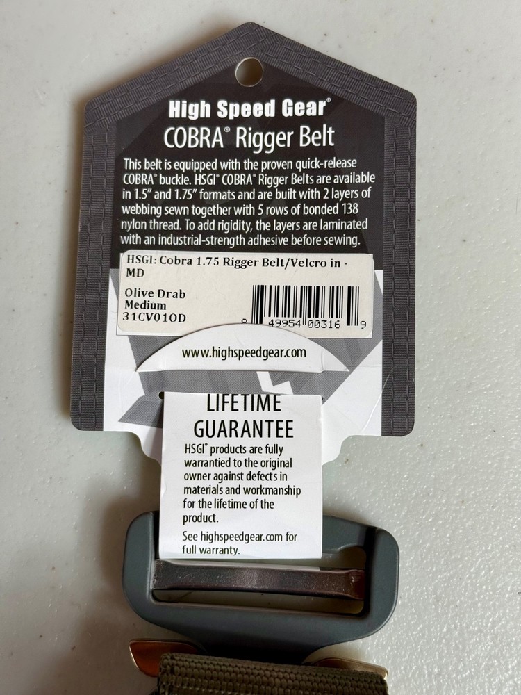 HSGI Cobra Rigger Belt 1.75" w/ Loop inner Size Medium Olive Drab