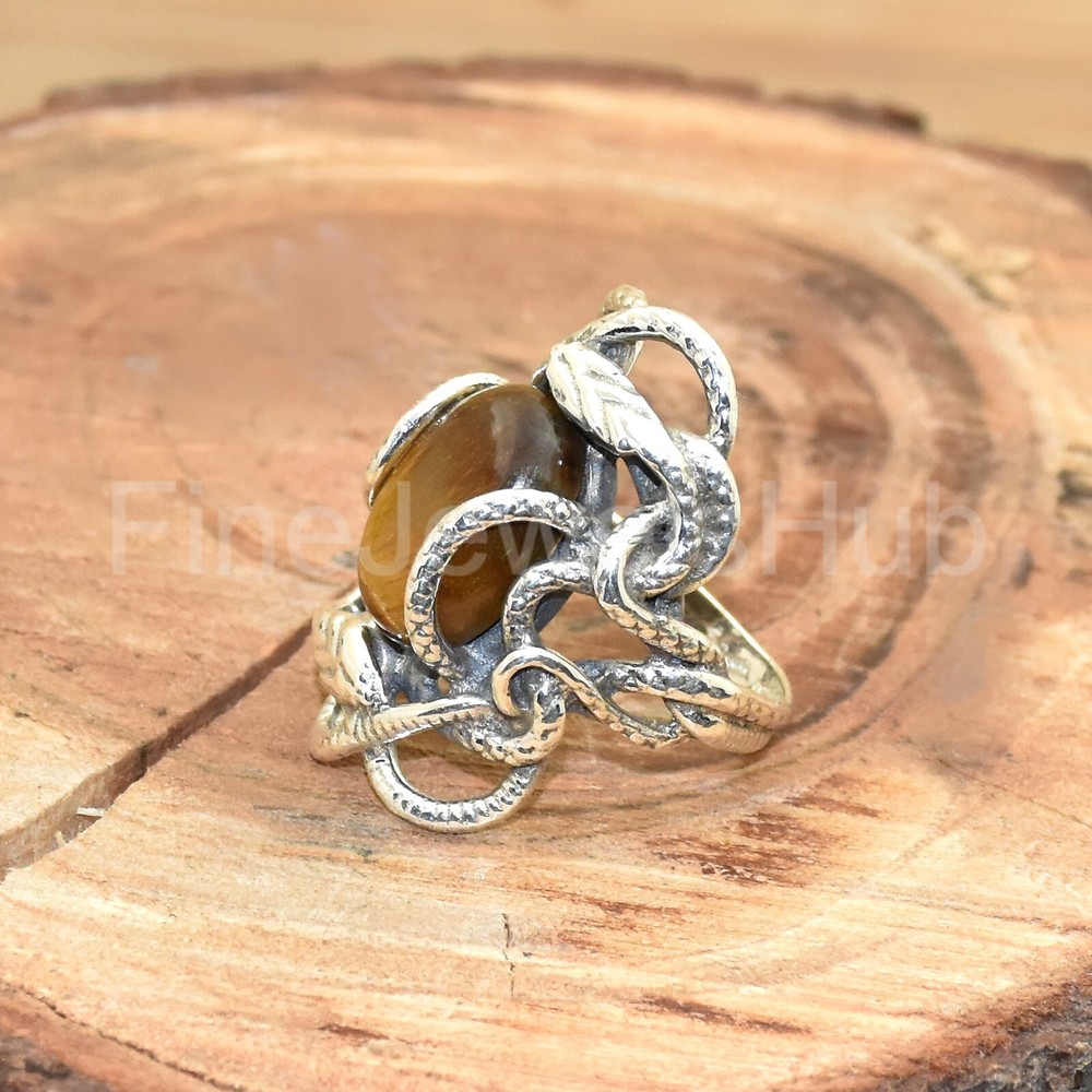 Natural Tiger Eye Ring, 925 Sterling Silver, Handmade Snake Ring Statement Ring