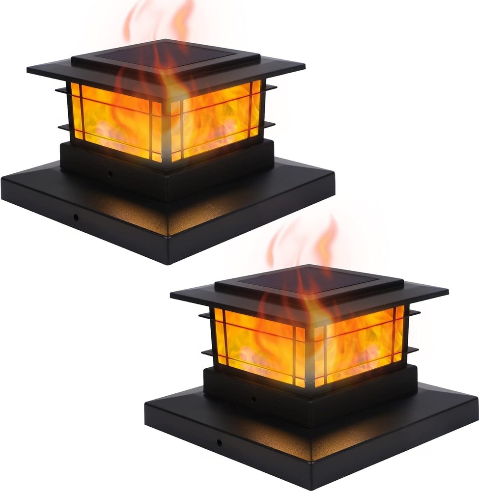 Dynaming 2 Pack Solar Post Cap Lights 2 Flickering Flame Lights, Black