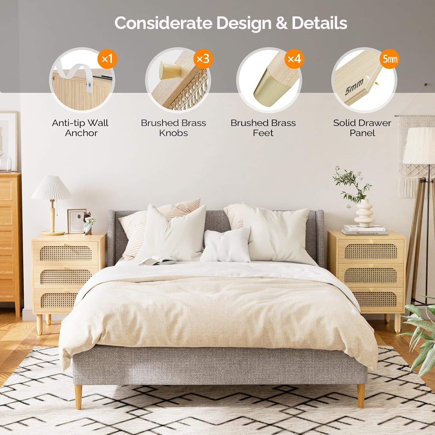 Rattan Nightstand with Charging Station 19" W Nightstand with 3 Drawers