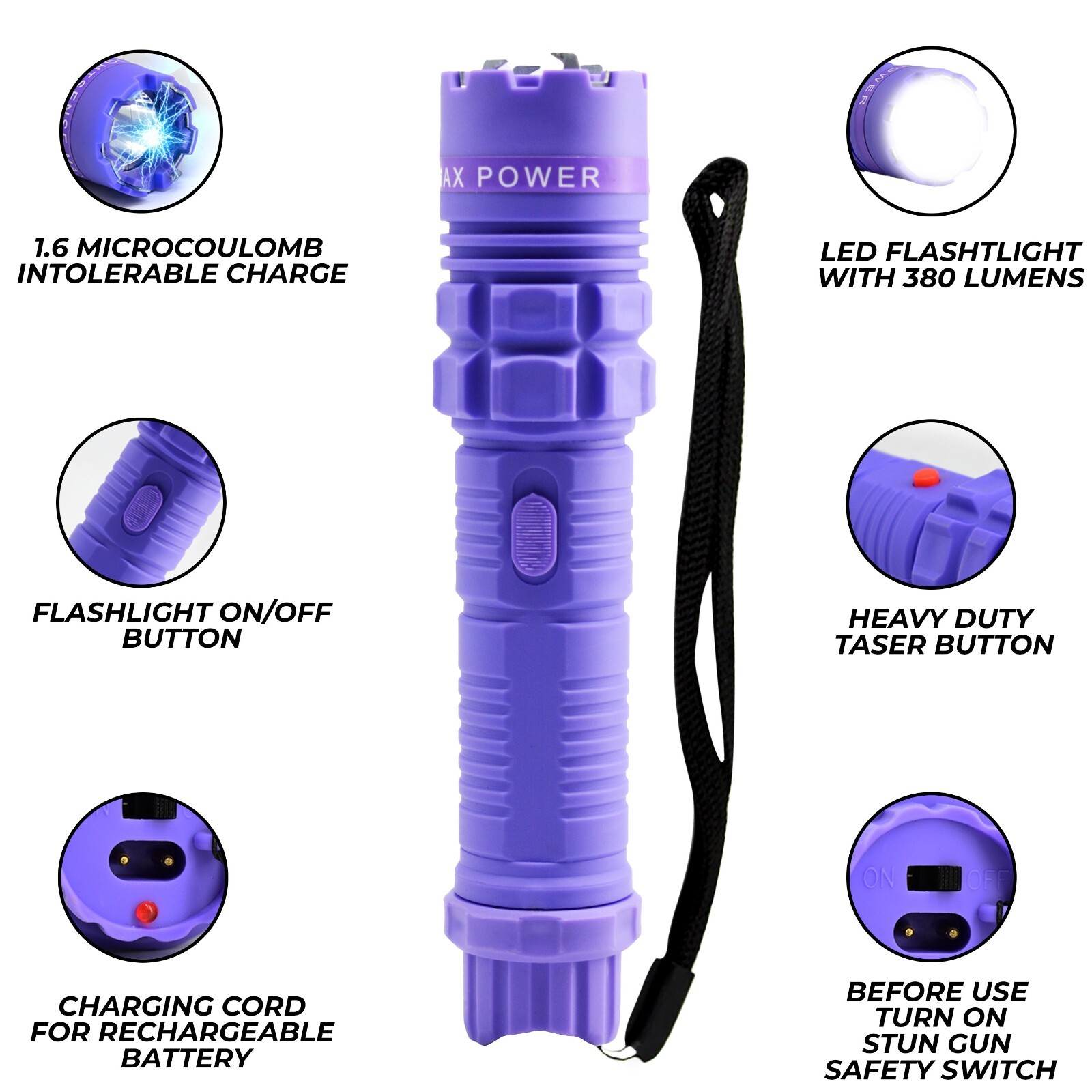 High Voltage Stun Gun for Self Defense with LED Flashlight, Purple