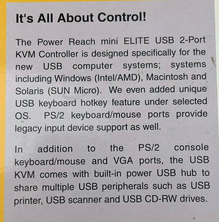 CompuCable Power Reach Mini Elite 4 Port USB KVM Controller KVM-201PRMEU