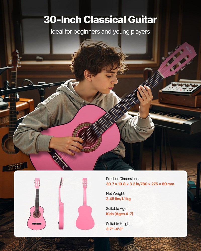 Pink 30in Classical Guitar Kit for Beginners: Nylon Strings, Tuner, Strap, Picks
