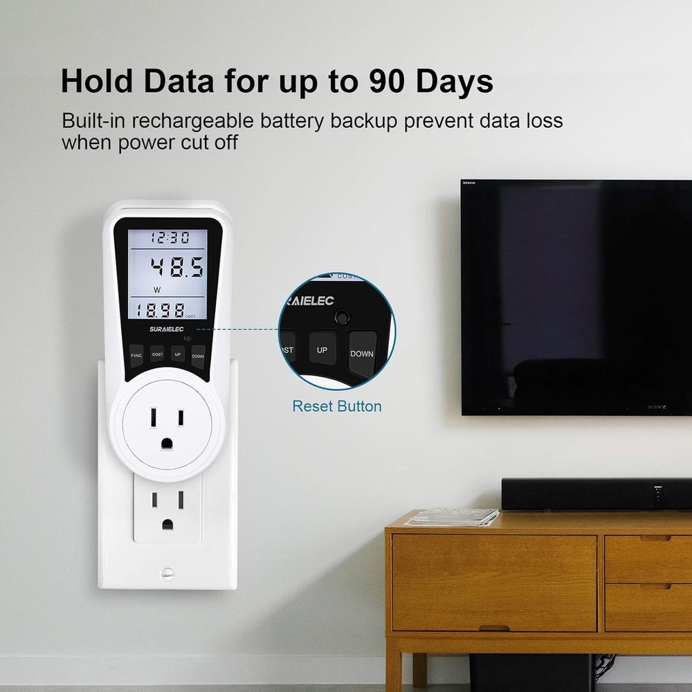 Watt Meter Plug-in Power Meter with Backlit Display & Overload Protection