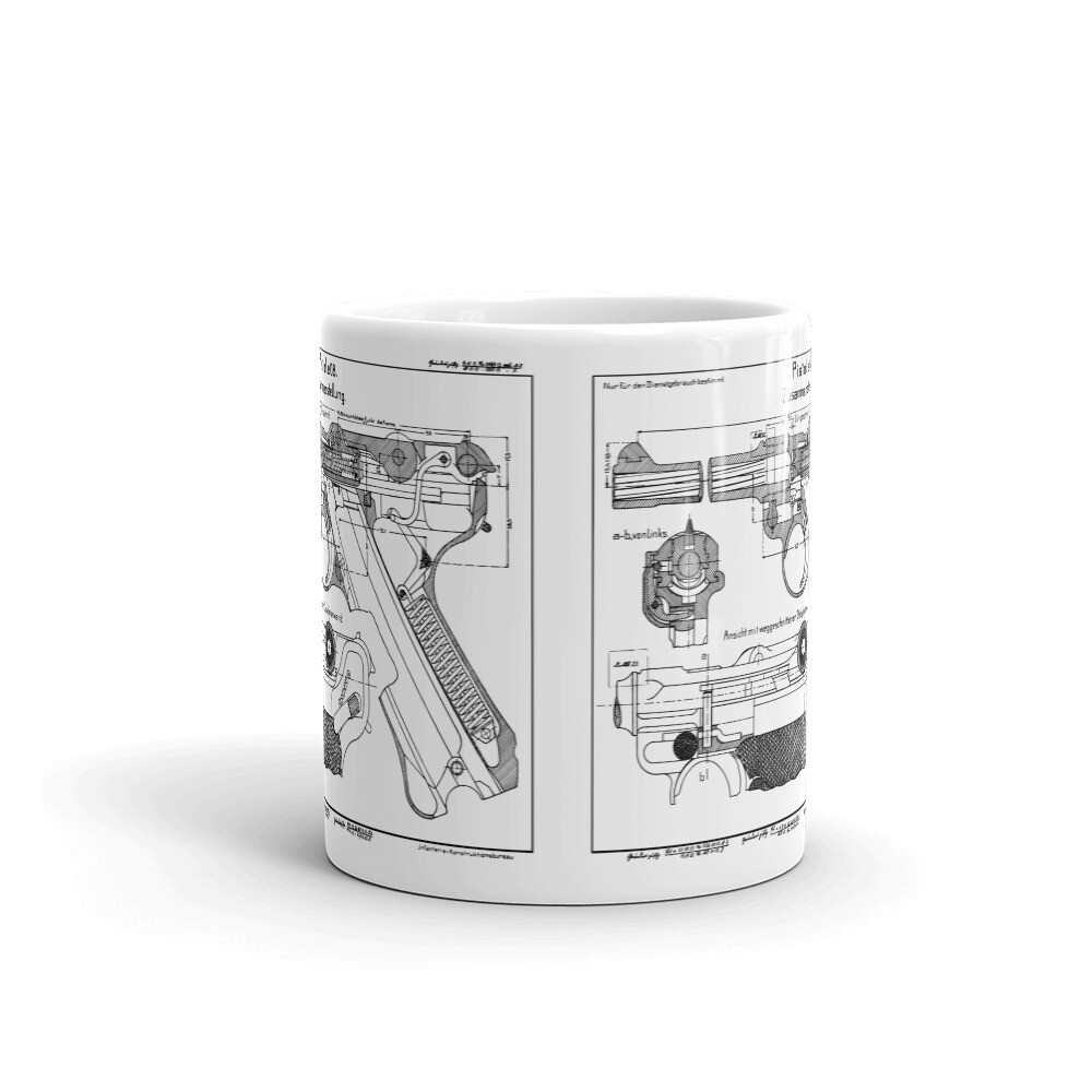 German P08 Luger Pistol Coffee Tea Mug - WW1 Patent Print Ceramic Military Mug