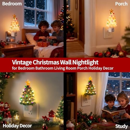 2 Pack Ceramic Christmas Tree Night Light,Vintage Decorative Xmas Tree White
