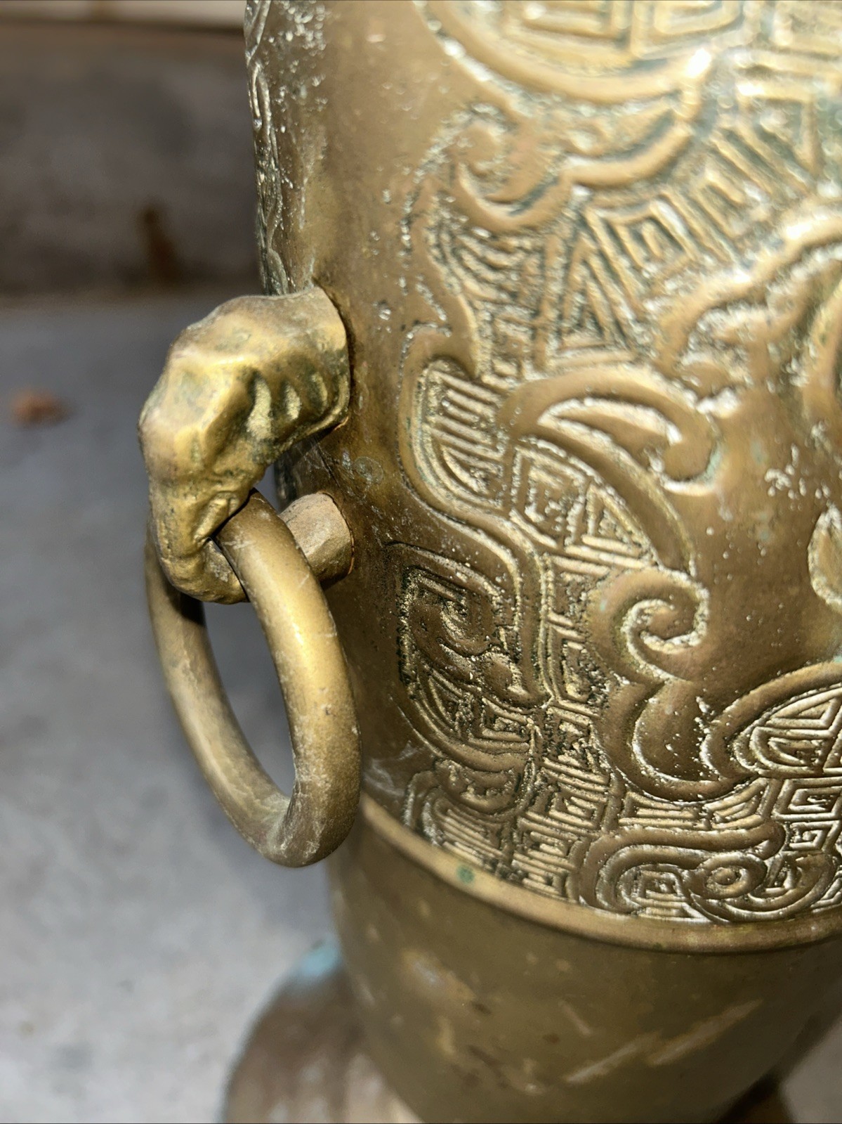 19.5” Vintage Brass Umbrella Cane Holder Gargoyle Head Handles Etched Elephants