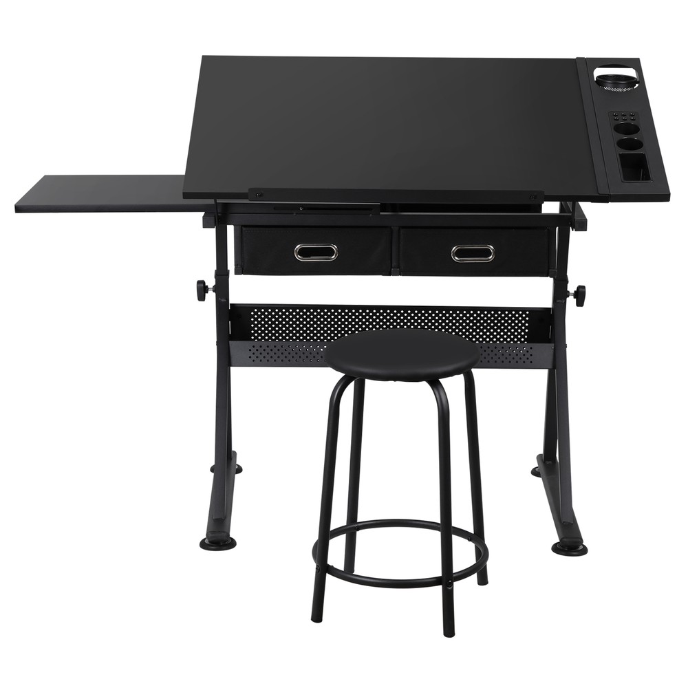 Art Craft Table Drawing Table Adjustable Drafting Desk w/Stool & 2 Drawers Black