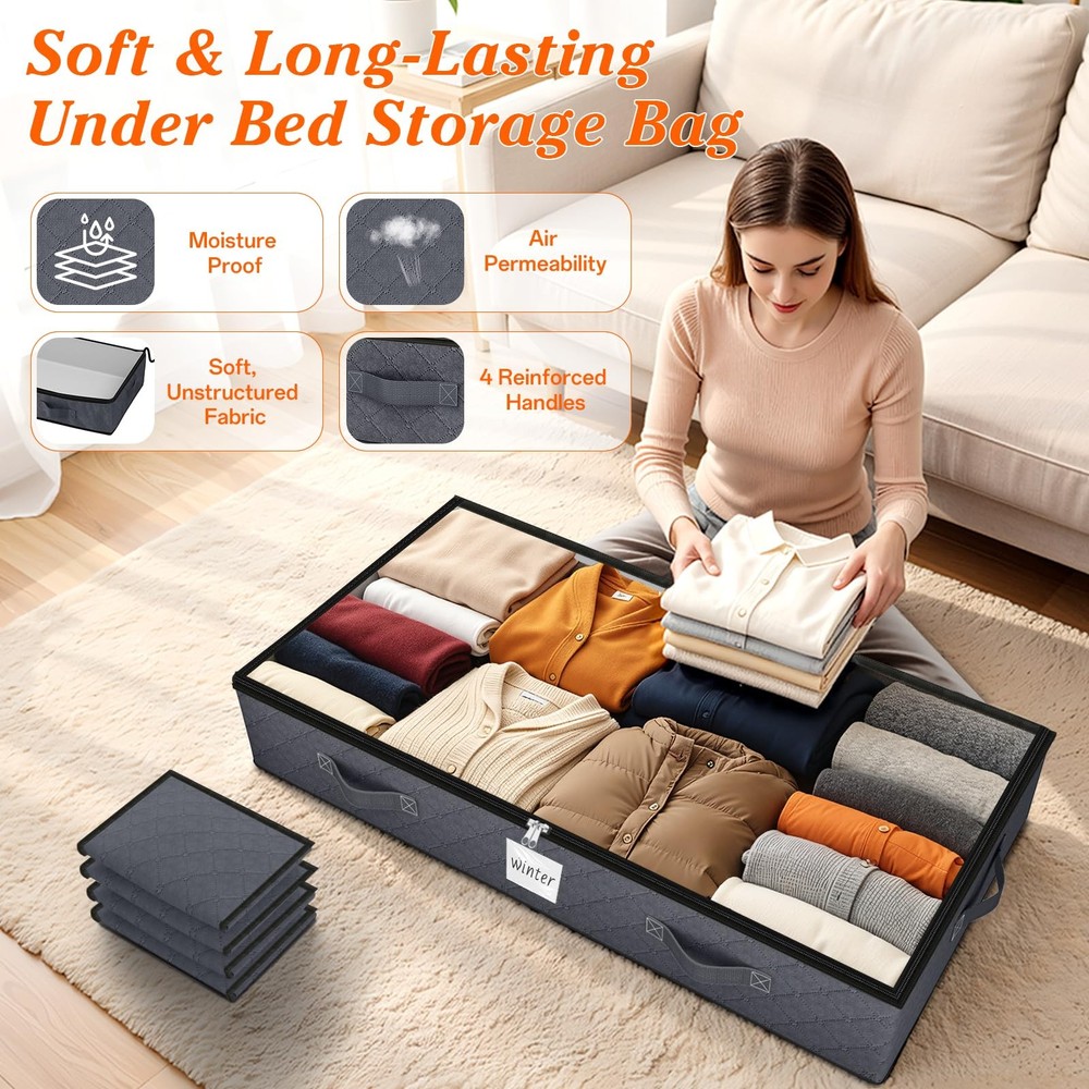 90L Under Bed Storage Containers, 2Pack Storage Bins with Clear Top, Foldable...