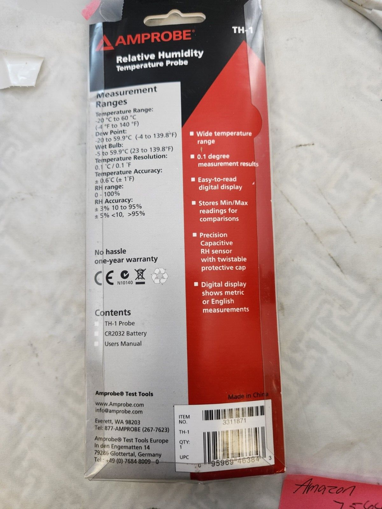 Amprobe TH-1 Compact Probe Style Relative Humidity Meter Dual display PRISTINE!
