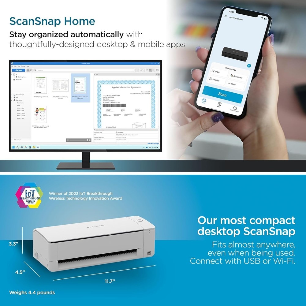 ScanSnap iX1300 Compact Wireless Scanner 30ppm Double-Sided USB Mac PC-White