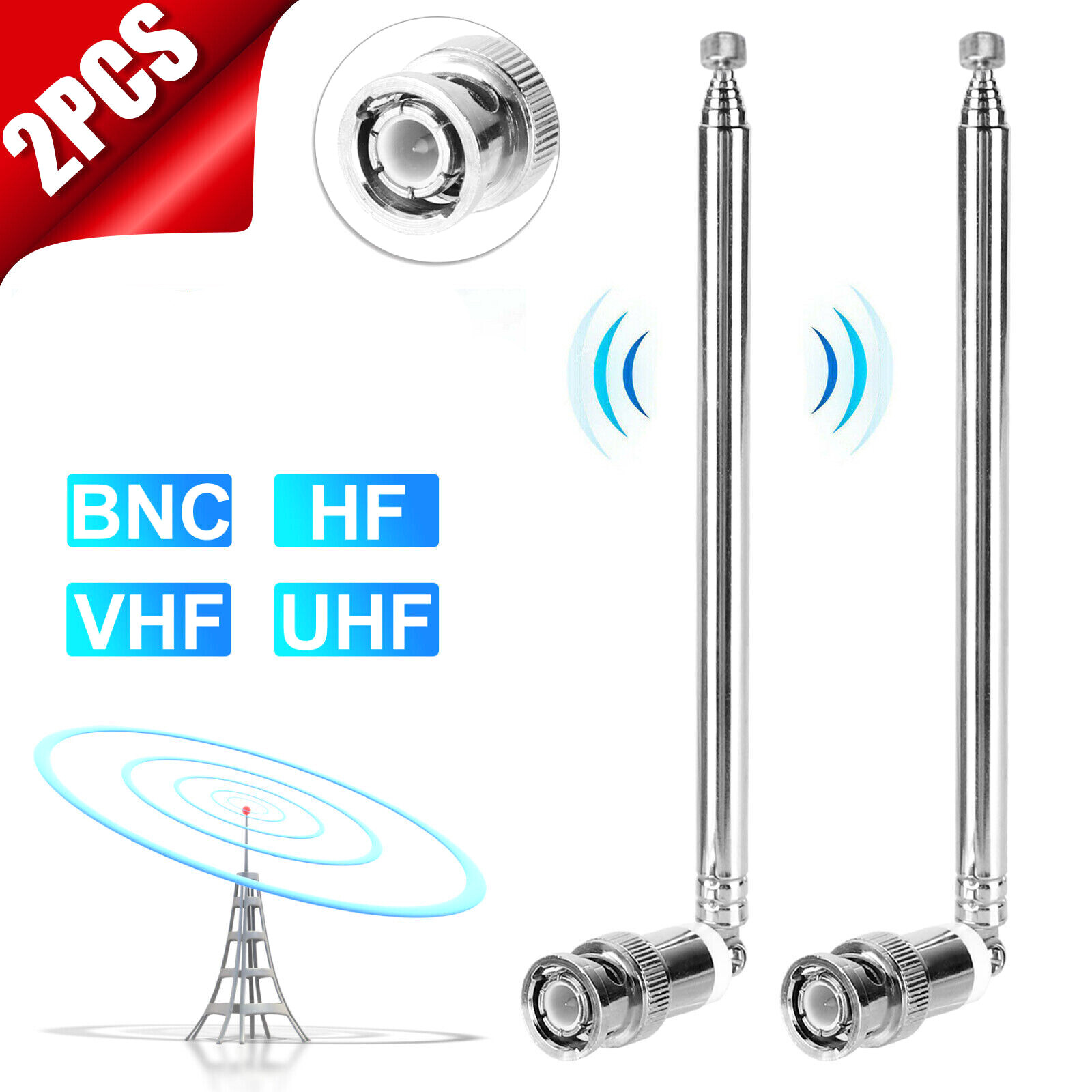 2Pcs 7 Sections VHF/UHF/AM/FM Telescopic Antenna BNC Male Connector Accessories
