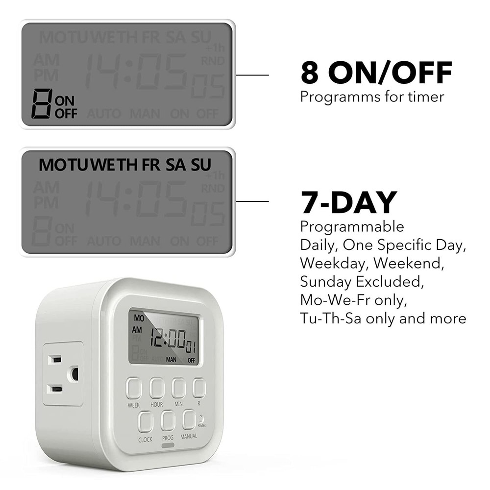 HBN 7 Day 8 On/Off Programs Heavy Duty Digital Timer Dual Outlet Programmable