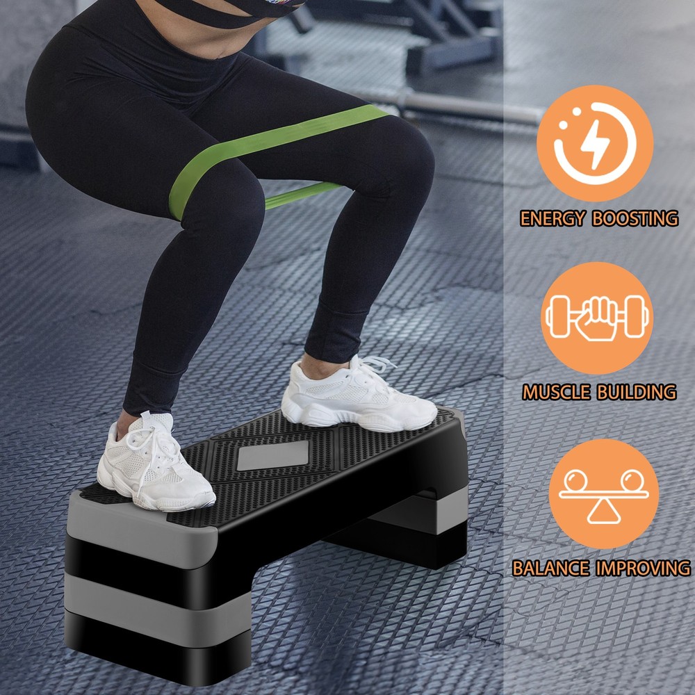 Aerobic Step Platform Exercise Step Adjustable Height 4"-6''-8' w/4 Risers Grey