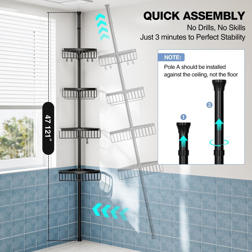 Corner Shower Caddy Tension Pole: Adjustable Rustproof 4-Tier Inside Bathroom...