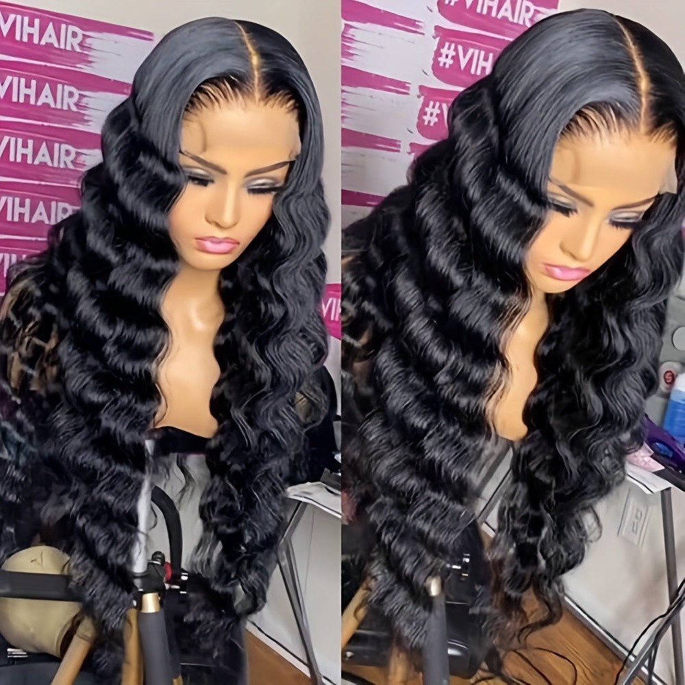 Long Black Deep Wave Lace Front Wigs 13x4 Free Part Pre Plucked Natural Hairline