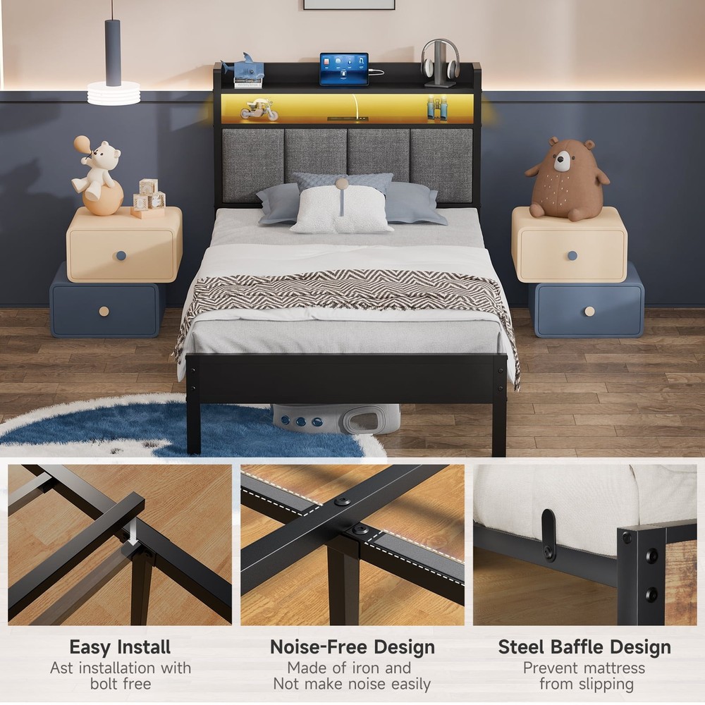 Storage Metal Platform Bed Frames with LED Light, Twin