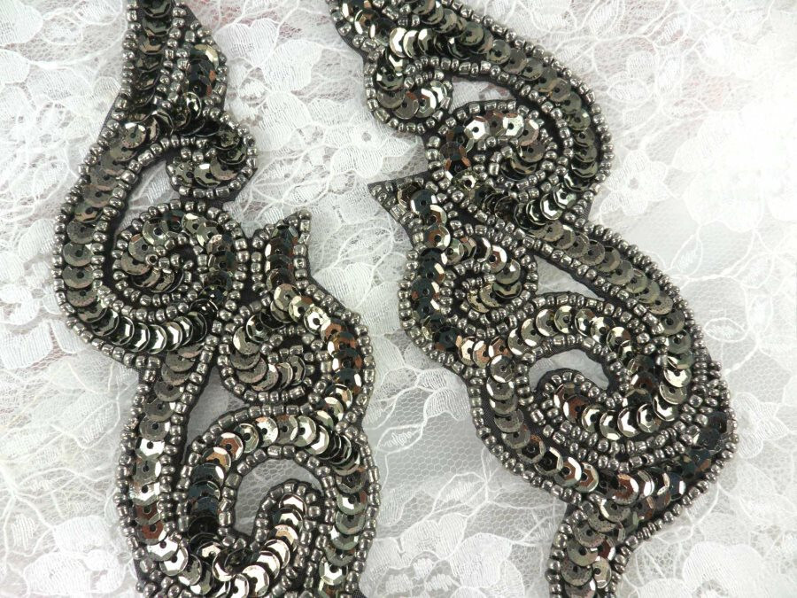 Mirror Pair Smoke Scroll Designer Sequin Appliques Sewing Dance Patch 7" JB233X