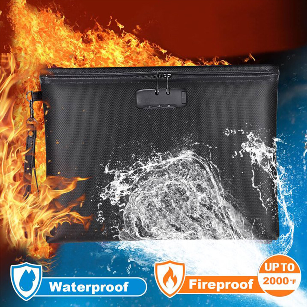 Fireproof Document Bag with Lock Waterproof Storage Organizer Pouch fr File Cash