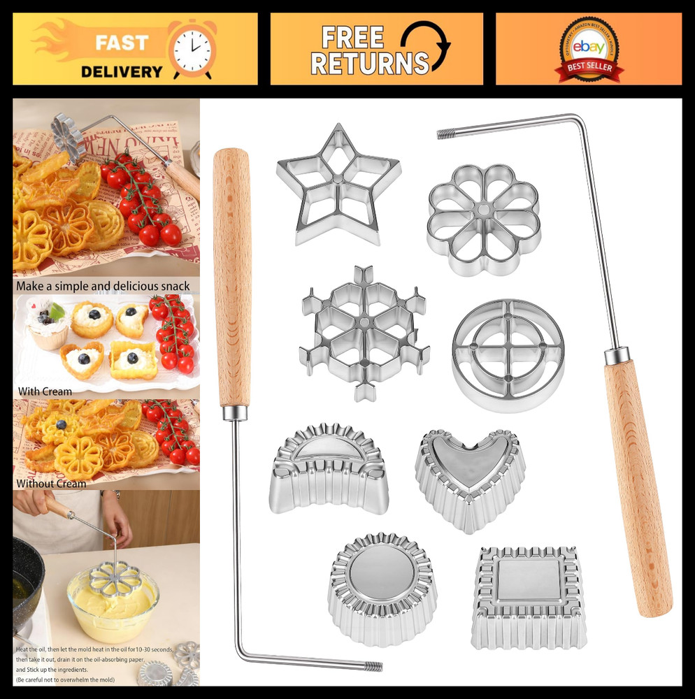 8-Head Rosette Maker & Bunuelos Mold Set - Cookie Press, Waffle Stamp, 10 Pcs