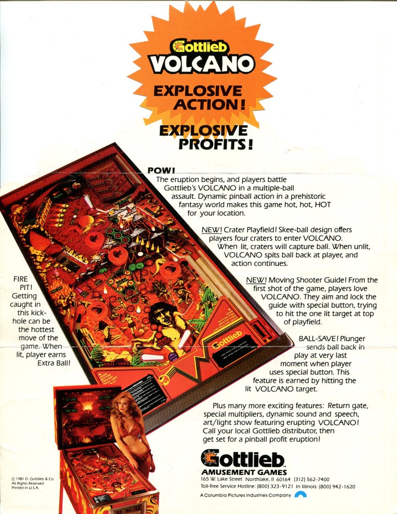Volcano Gottlieb Pinball Flyer / Brochure / Ad