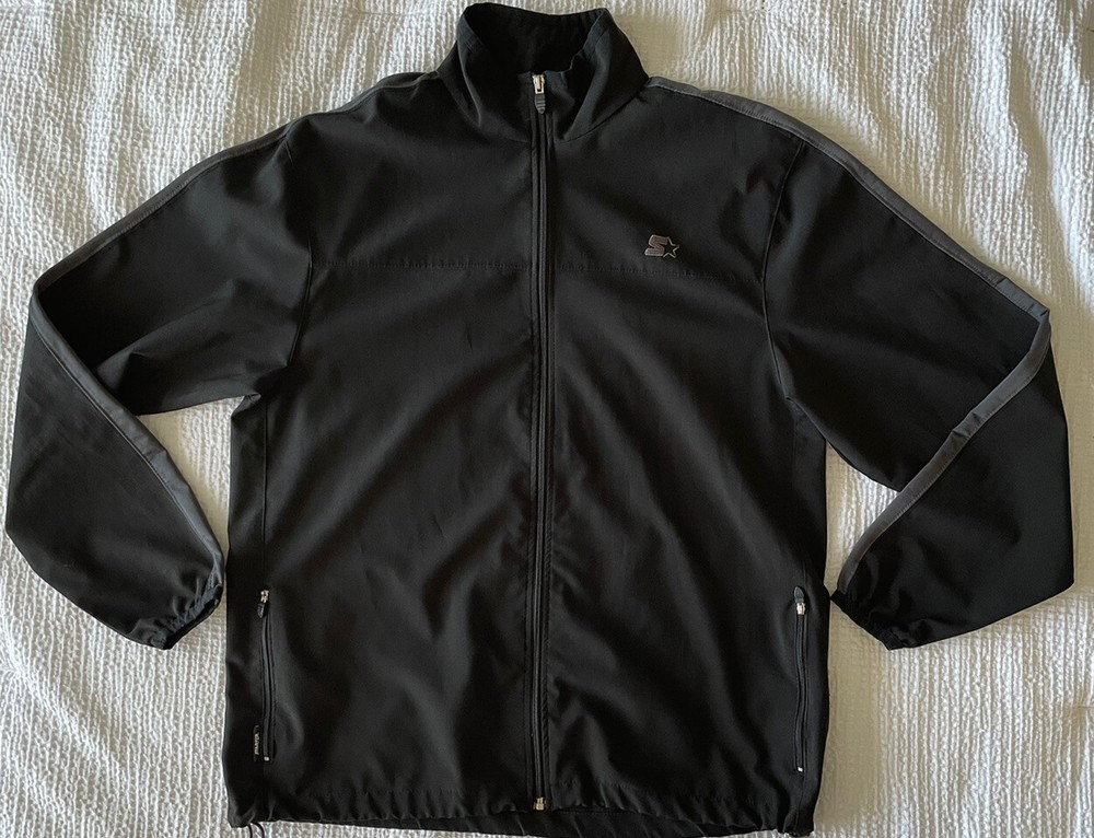 STARTER Mens Medium Large Track Jacket Full Zip Black Gray EUC