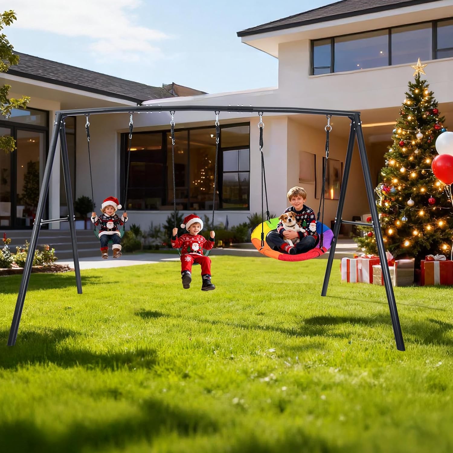 600lb Metal Swing Set Heavy Duty Frame Kids Adult Backyard Playset with 3 Swings