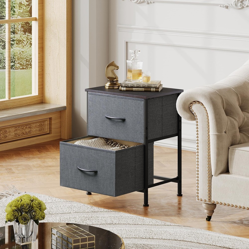 WLIVE 2-Drawer Nightstand Bedside Table with Fabric Bins, Dark Grey
