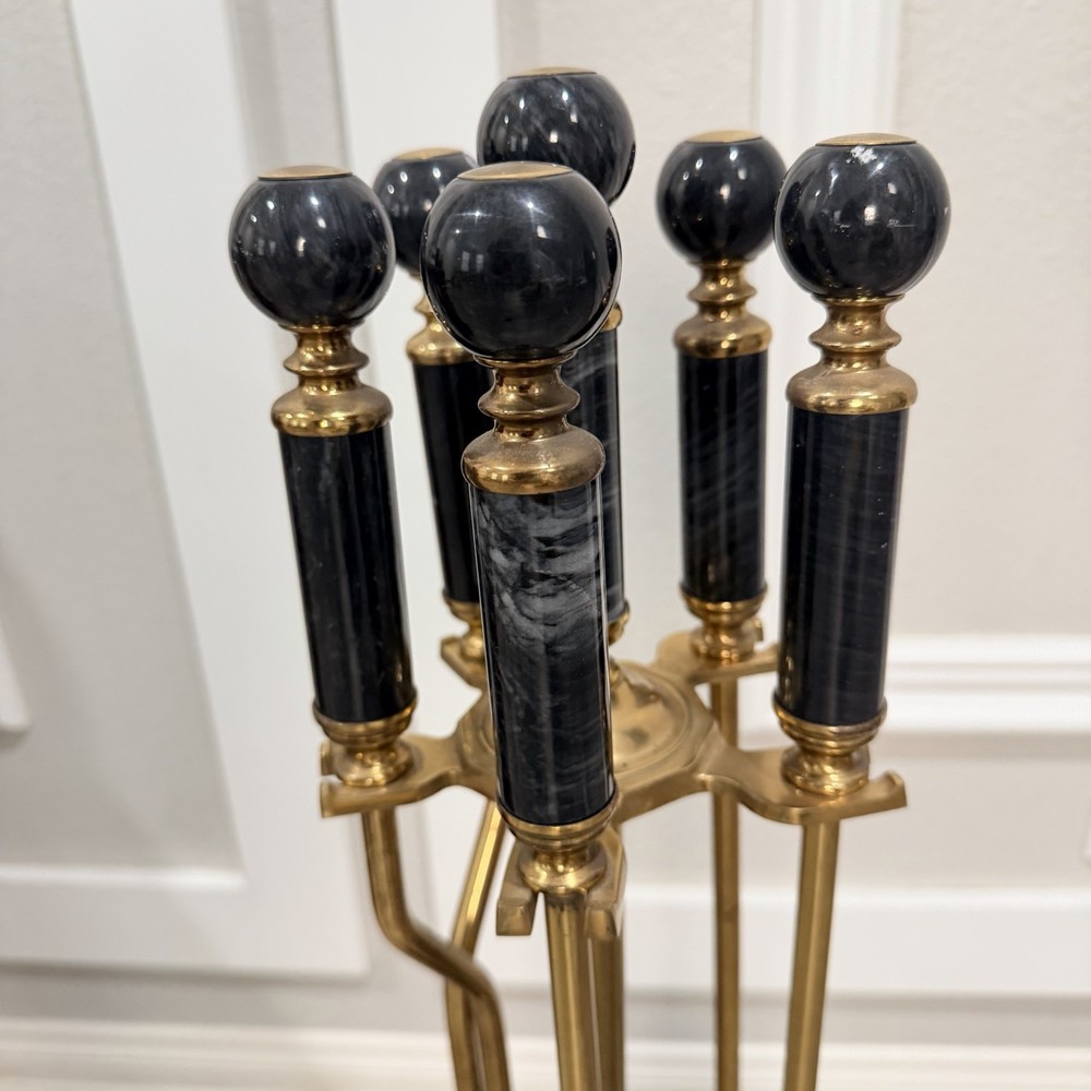 VTG Black Marble Handles And Base Brass Fireplace Tool Set