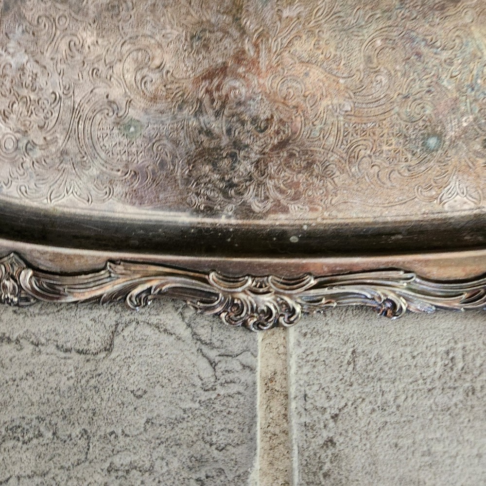 Antique SILVER PLATE 23" LONG RECTANGULAR FOOTED TRAY WITH HANDLES Heavy