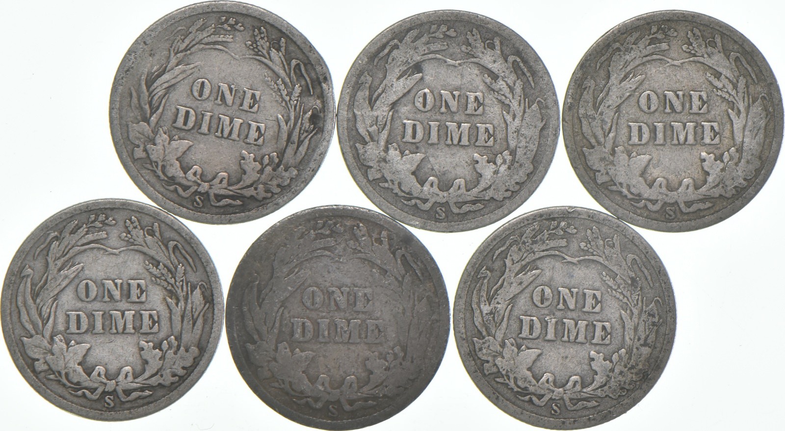 1911-S Barber Dime 90% Silver Average Circ