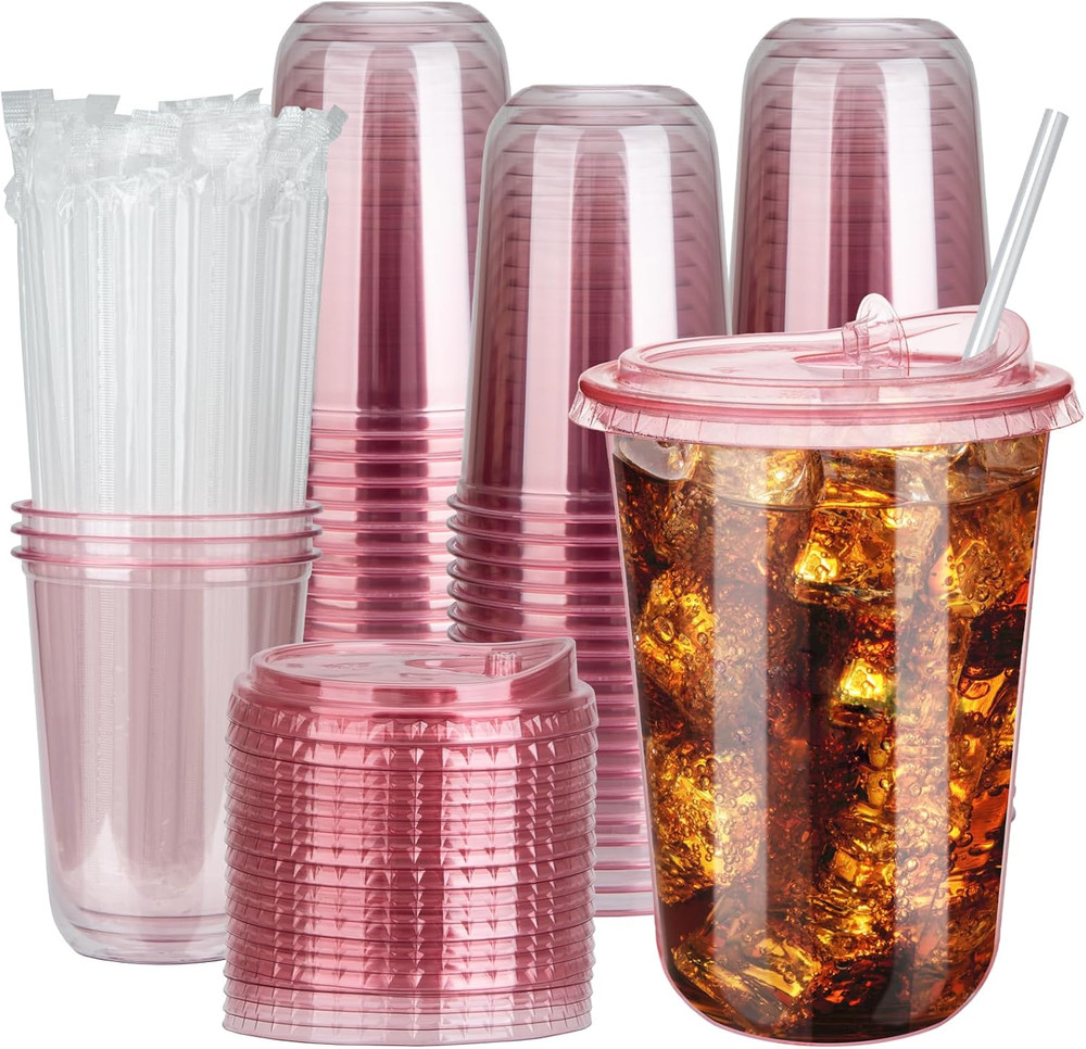 100 Sets 16Oz Disposable Stemless Plastic Cups with Strawless Sip Lids, Clear PE