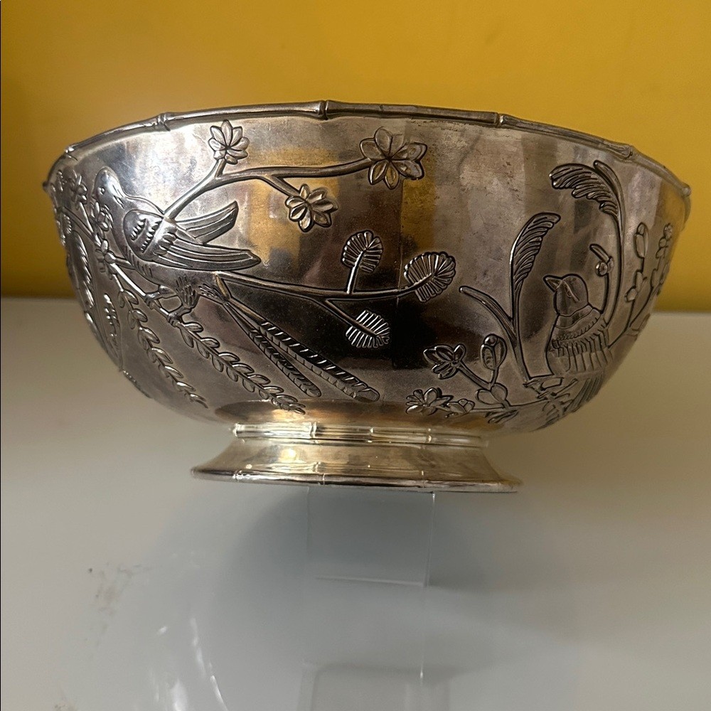 Godinger Silver Plate Decorative Large Fruit Bowl with Flower and Bird Design