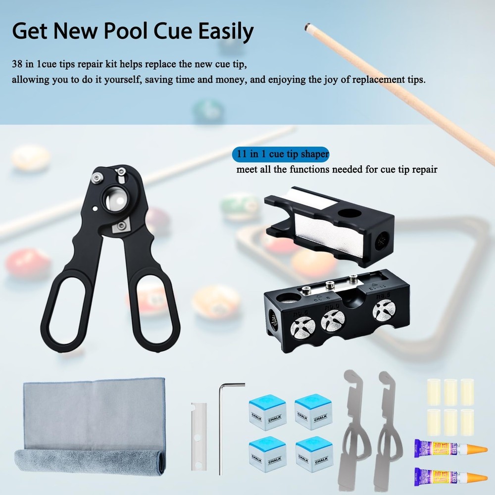 38PCS Pool Cue Tips Replacement Kit, 13mm Pool Stick Tips Replacement Kit Bil...