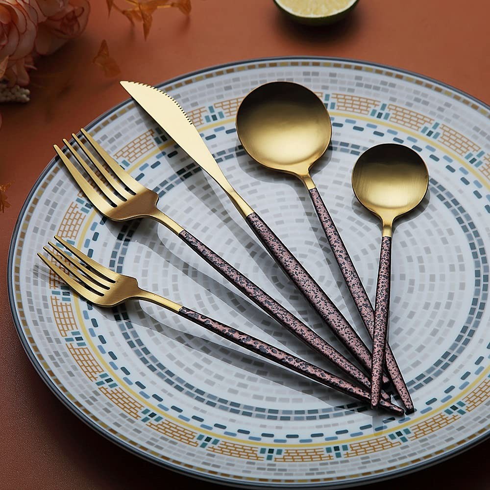 Silverware 20 Pieces Moon Surface Handle and Matte Gold Head Flatware Stainle...