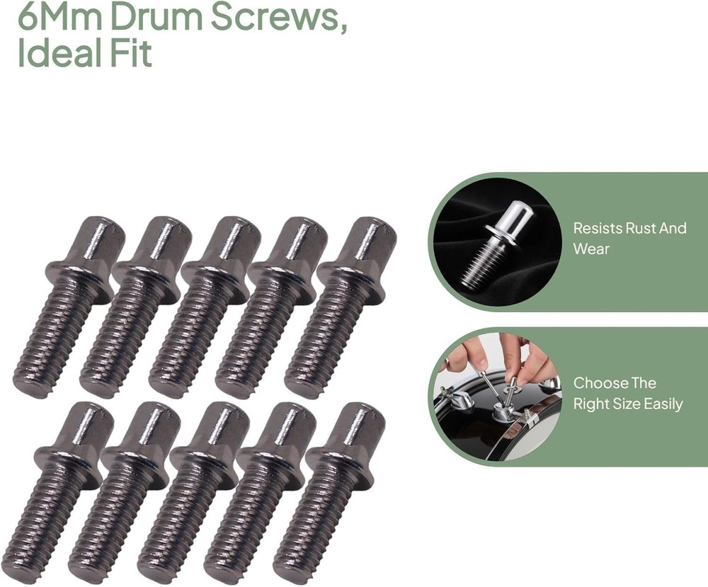10x Drum Tension Rods M6x15 Deep Thread Replacement Bass Drum Hardware Set