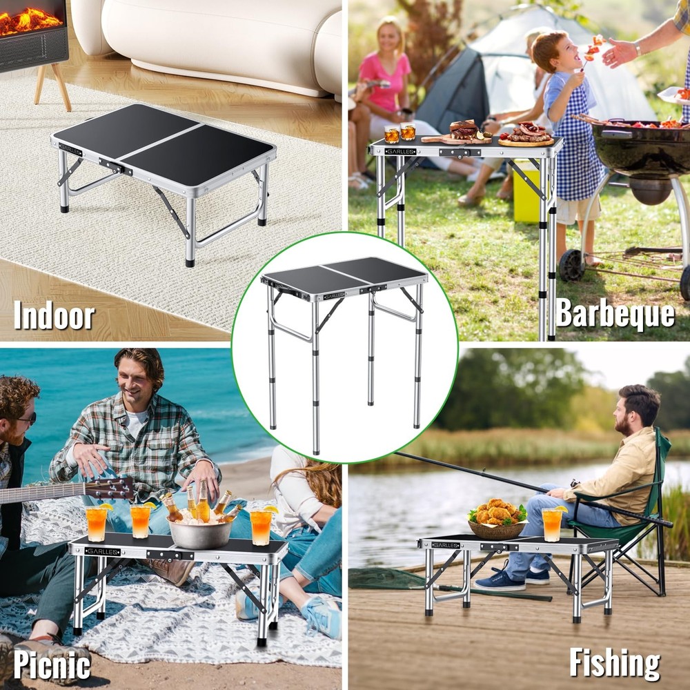 2ft Folding Camping Table, Portable Folding Picnic Table with 3-Height Adjust...