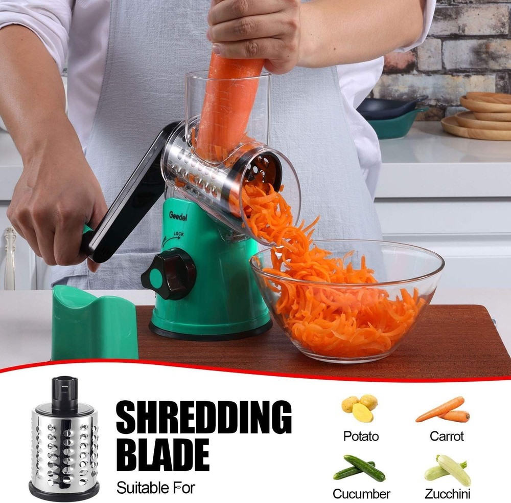 Versatile Kitchen Rotary Grater with 3 Blades & Suction Base - Dishwasher Safe