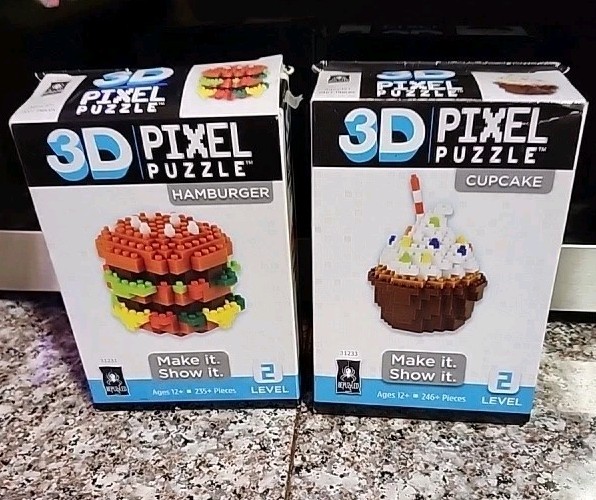 BePuzzled 3D Pixel Puzzle Lot Hamburger & Cupcake, Level-2!