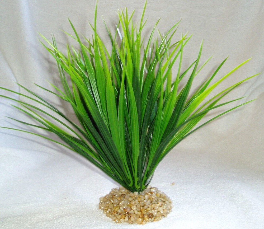8-9" LARGE Green Vanilla SWORD GRASS thick soft plastic plant, stone base