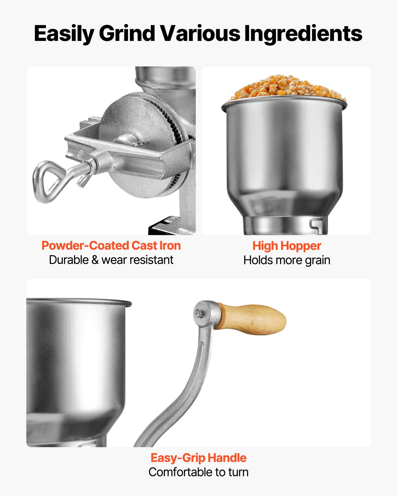 VEVOR Manual Grain Mill with High Hopper Hand-Crank Cast Iron Corn Spice Grinder