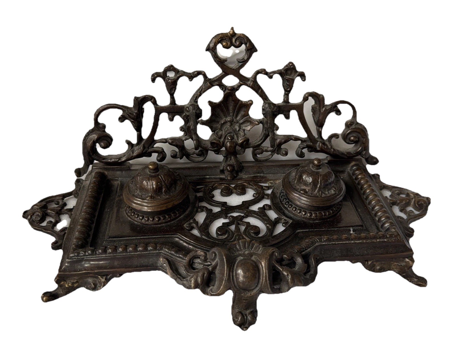 Large Ornate Antique Bronze / Brass Double Inkwell Victorian style