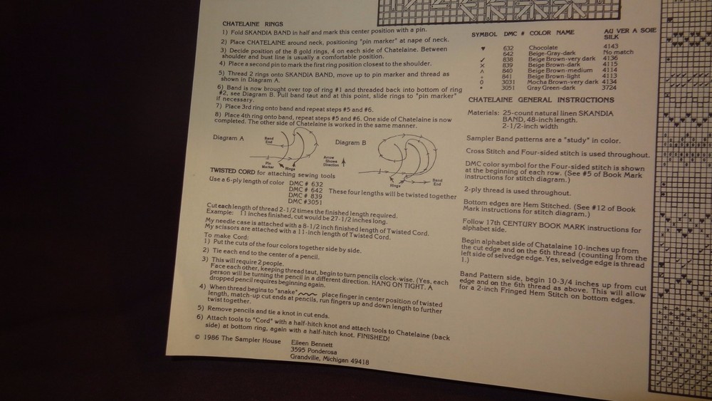 "17th Century Bookmark - Chatelaine" Needlework Pattern Sampler ABC Leaflet 1986