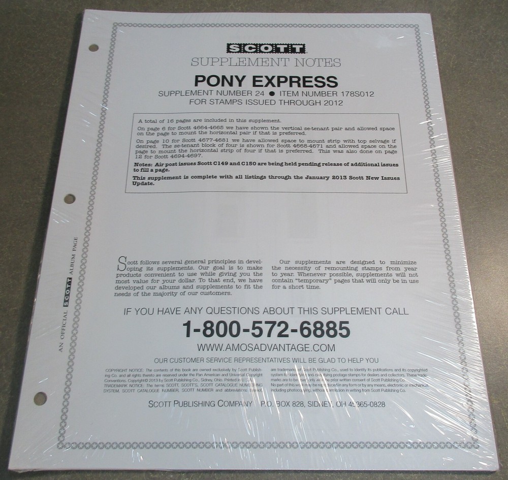 "SCOTT" PONY EXPRESS #24 2012 SUPPLEMENT W/FREE SHIPPING!!