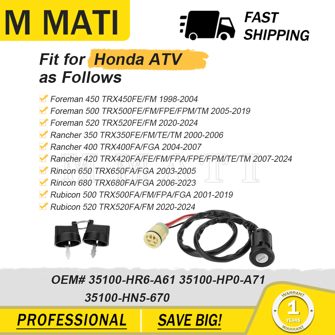 Ignition Key Switch for Honda TRX450ES TRX450S Foreman 4X4 1998 1999 2000 - 2004