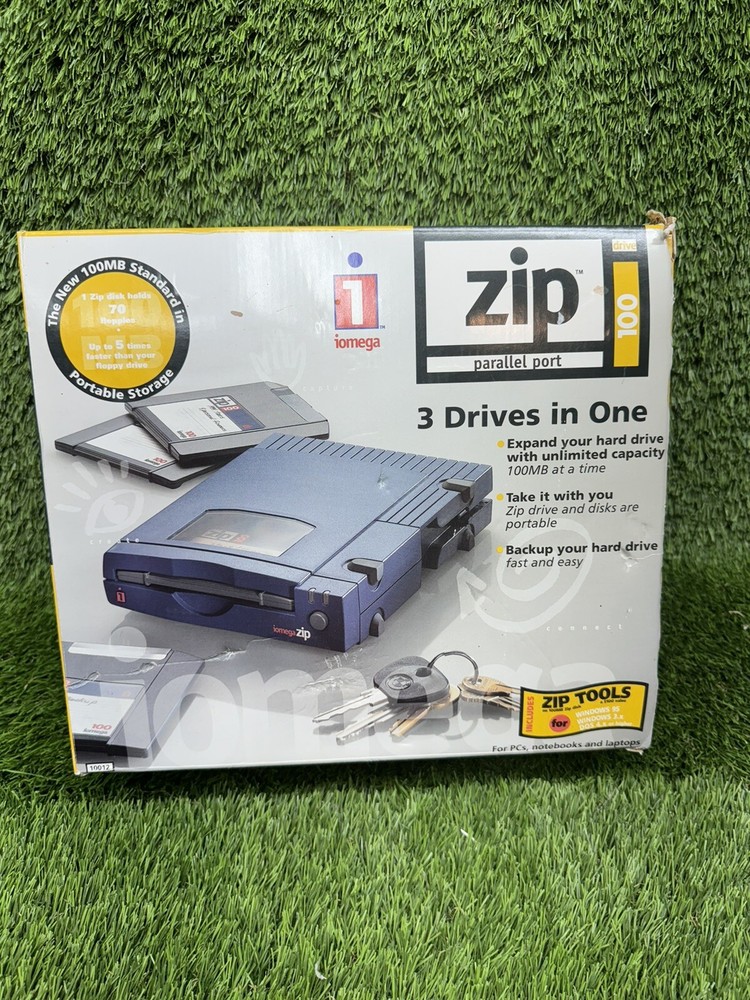 Iomega Zip 100 Portable Drive With Power Supply Parallel Cable & Box Untested