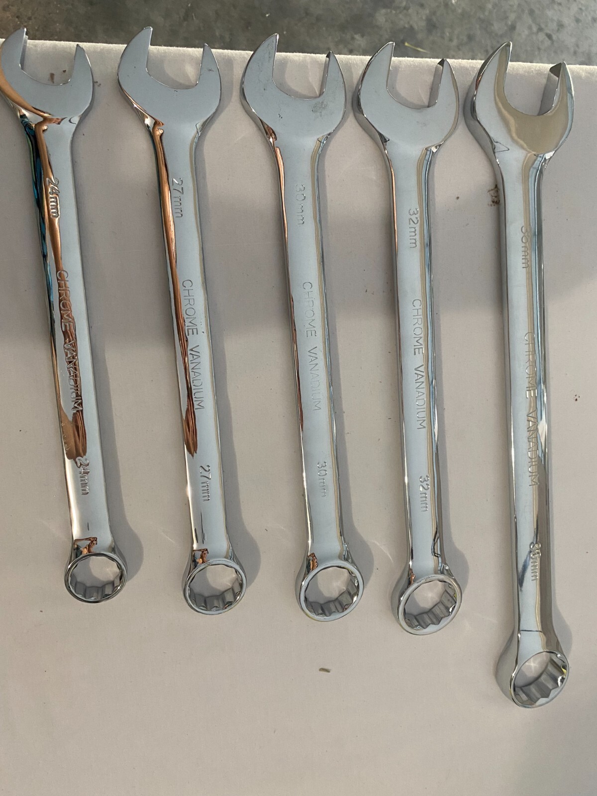 Set of 5 New Combination Wrenches 36, 32, 30, 27 and 24mm. Chrome Vanadium