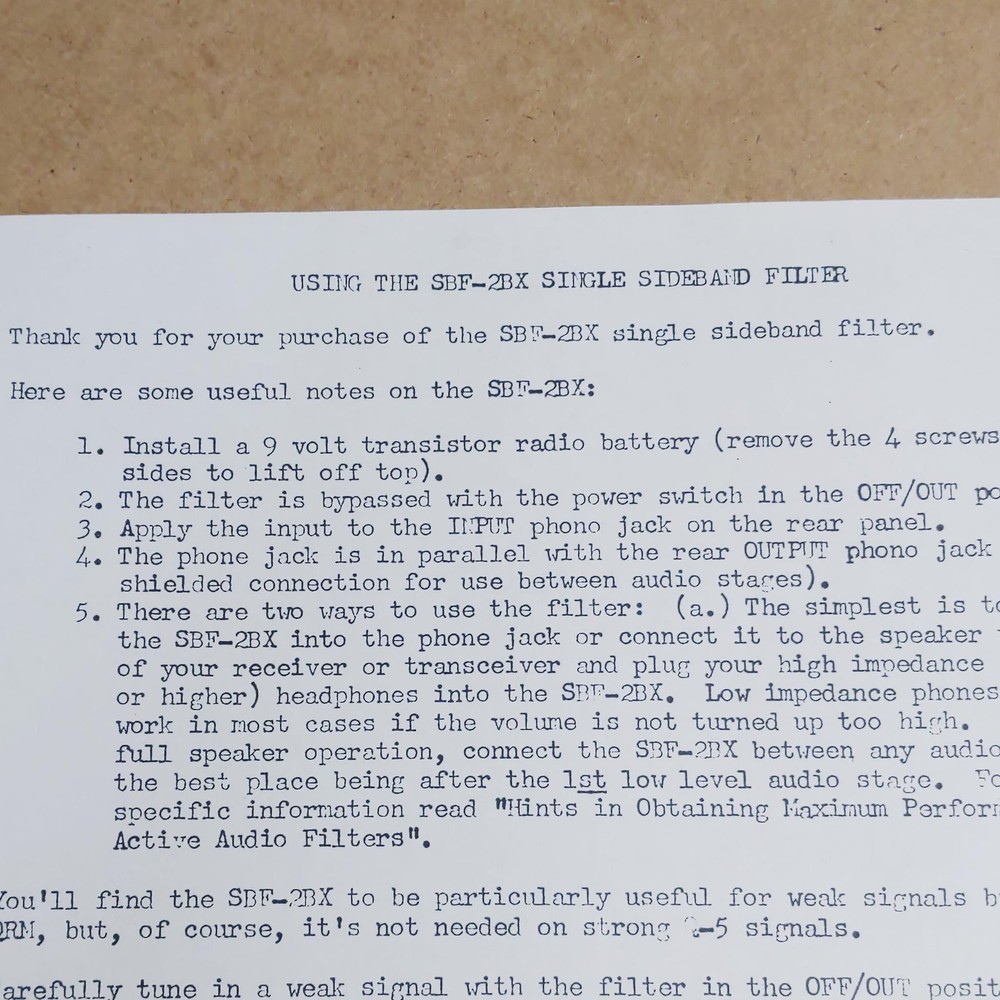 SBF-2BX SSB Filter Instruction Sheet