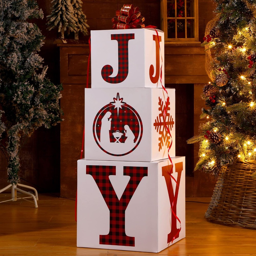 4 PCS Merry Christmas Joy Boxes Decorations Large Stackable Nesting Gift