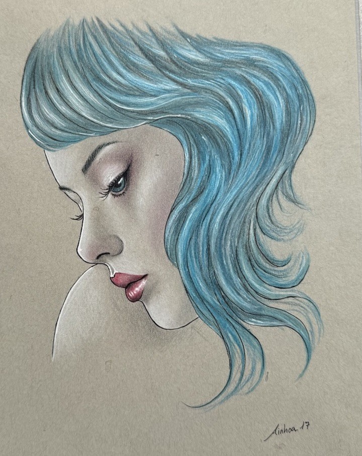 Feeling Blue Ainhoa Cortez Signed 2017 Drawing Framed